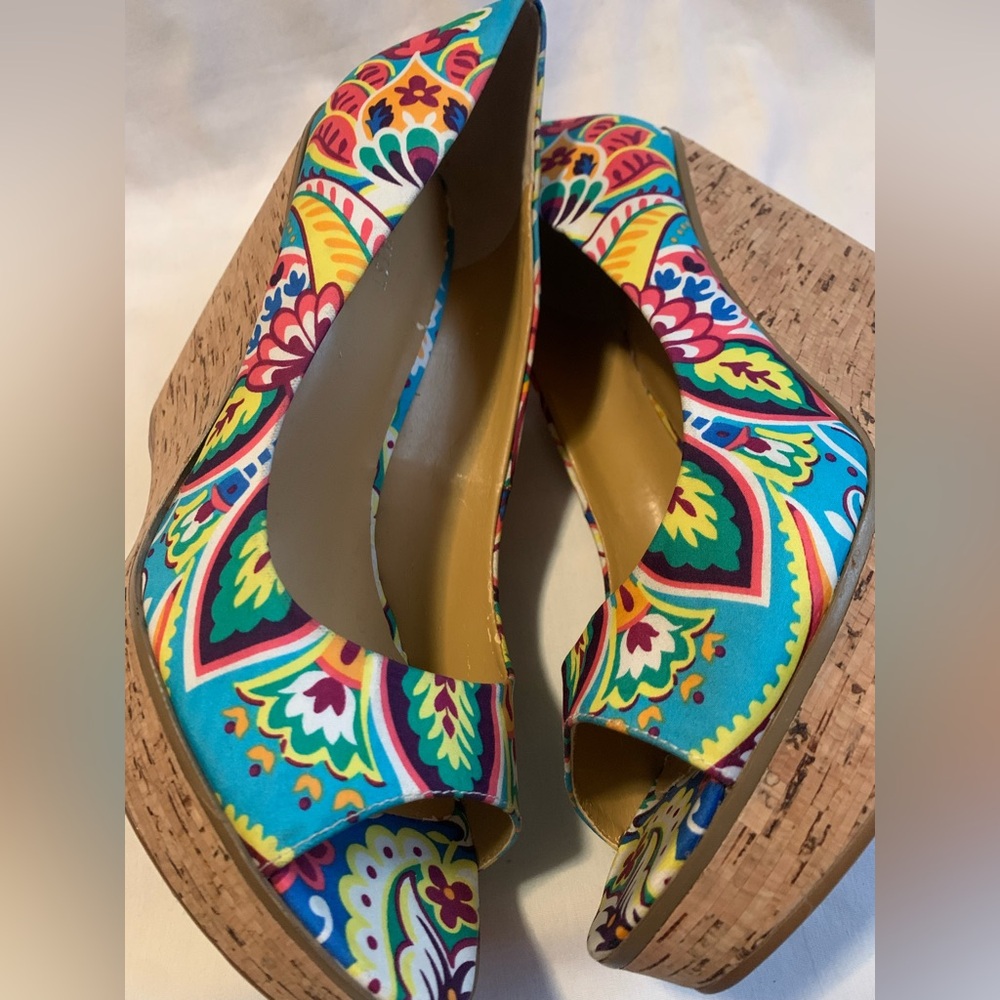 Vibrant Multicolor Floral Print Cork Wedge Heels - Picture 8 of 15